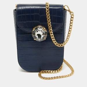 Miu Miu Blue Croc Embossed Leather Crystal Crossbody Bag