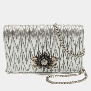 Miu Miu Metallic Grey Matelassé Leather Crystals Embellished Chain Clutch