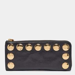 Miu Miu Black Crackled Glossy Leather Studded Continental Wallet