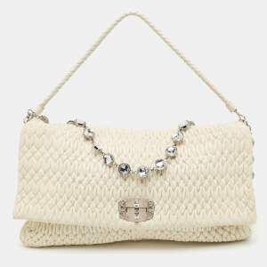 Miu Miu White Matelassé Leather Crystal Cloqué Flap Shoulder Bag