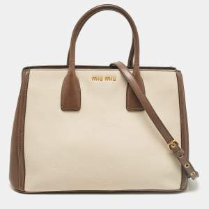 Miu Miu Brown/Beige Madras Leather Bicolor Tote