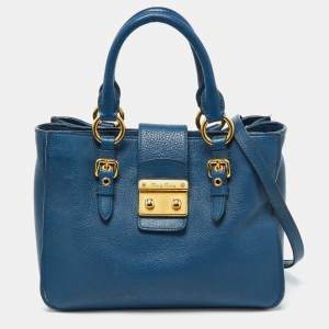 Miu Miu Blue Madras Leather Pushlock Tote