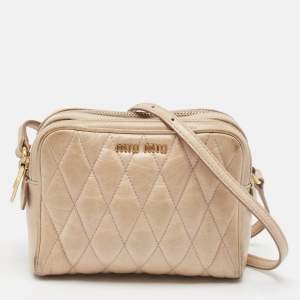 Miu Miu Beige Matelassé Leather Double Zip Camera Crossbody Bag