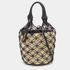 Miu Miu Black/Tan Leather Mesh and Straw Bucket Bag