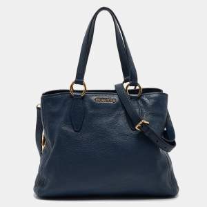 Miu Miu Navy Blue Vitello Leather Side Zip Tote