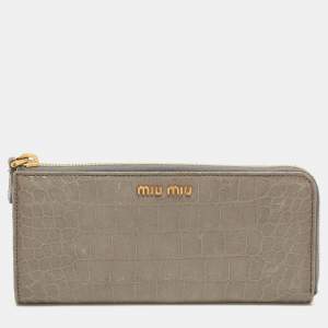 Miu Miu Grey Crocodile Embossed Leather Zip around Wallet