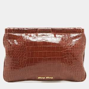 Miu Miu Brown Croc Effect Patent Leather Frame Clutch