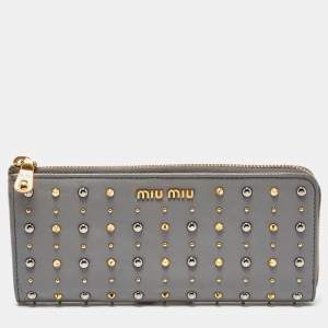 Miu Miu Grey Leather Studded Zip Continental Wallet