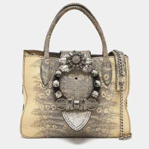 Miu Miu Cream/Black Lizard Embossed Leather Crystal Embellished Tote