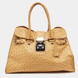 Miu Miu Tan Ostrich Leather Special Edition 07/8 Push Lock Tote