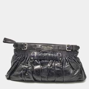 Miu Miu Dark Blue Leather Ruched Buckle Clutch