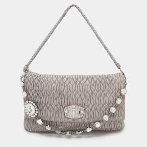 Miu Miu Grey Matelassé Nappa Leather Crystal Shoulder Bag
