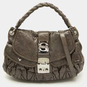 Miu Miu Grey Matelassé Lux Leather Coffer Hobo