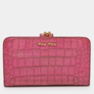 Miu Miu Pink Leather and Croc Embossed Patent Leather French Wallet