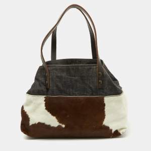 Miu Miu Brown Animal Print Calf Hair, Denim and Leather Tote