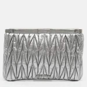 Pre Owned Miu Miu Silver Matelassé Leather Frame Clutch