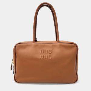 Miu Miu Brown Leather Embossed Logo Bowling Bag