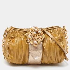 Miu Miu Beige/Metallic Pleated Patent Leather Shoulder Bag