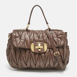 Miu Miu Brown Matelassé Leather Turnlock Flap Top Handle Bag