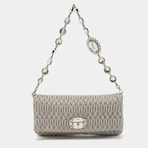 Miu Miu Grey Matelasse Leather Crystal Flap Shoulder Bag