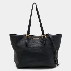 Miu Miu Black Vitello Daino Leather Shopper Tote