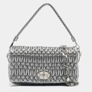 Miu Miu Silver Matelasse Leather Crystal Flap Shoulder Bag