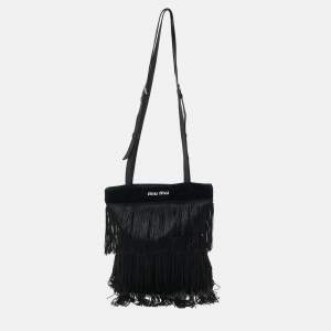 Miu Miu Black Leather and Suede Fringe Crossbody Bag