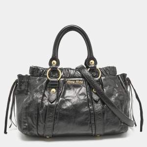 Miu Miu Black Vitello Lux Leather Ruched Tote 