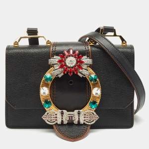 Miu Miu Black Madras Soft Leather Crystals Embellished Flap Shoulder Bag