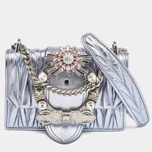 Miu Miu Metallic Blue Matelasse Leather Lady Shoulder Bag