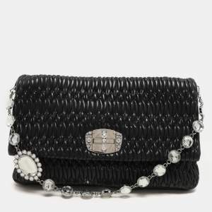 Miu Miu Black Matelassé Leather Crystals Chain Shoulder Bag