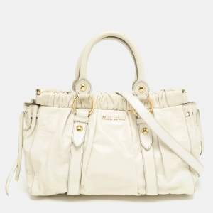 Miu Miu Off White Vitello Shine Leather Gathered Tote