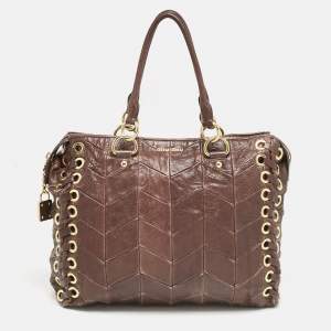 Miu Miu Brown Matelasse Leather Grommet Tote