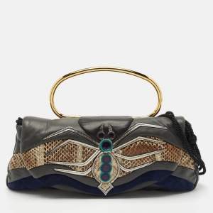 Miu Miu Dark Grey/Blue Leather, Suede and Python Spider Clutch Bag
