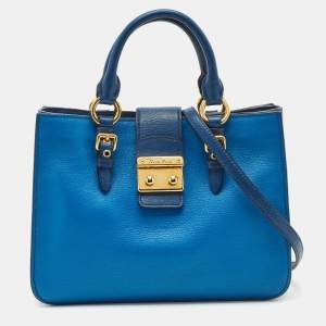 Miu Miu Two Tone Blue Madras Leather Pushlock Tote
