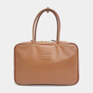 Miu Miu Brown Leather Embossed Logo Bowling Bag