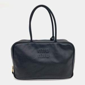 Miu Miu Black Leather Embossed Logo Bowling Bag