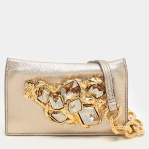 Miu Miu Gold Leather Crystal Embellishment Chain Card Holder