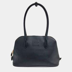 Miu Miu Black Leather Logo Embossed Top Handle Tote Bag Small