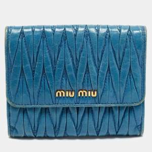Pre Owned Miu Miu Blue Matelassé Leather Flap French Wallet