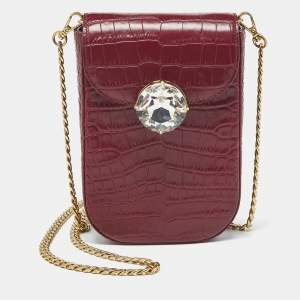 Miu Miu Burgundy Croc Embossed Leather Crystals Flap Phone Crossbody Bag