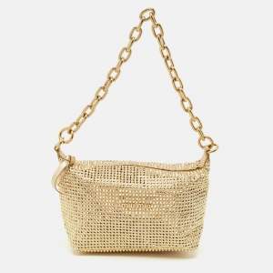 Miu Miu Gold Leather and Satin Crystals Embellished Chain Bag