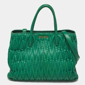 Pre Owned Miu Miu Green Matelassé Leather Snap Tote