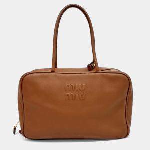Miu Miu Brown Leather Embossed Logo Bowling Bag