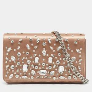 Pre Owned Miu Miu Beige Satin Crystals Embellished Chain Shoulder Bag