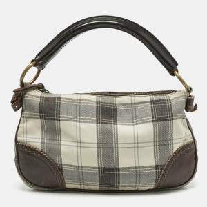 Pre Owned Miu Miu Brown/Grey Tartan Plaid Fabric and Leather Zip Hobo