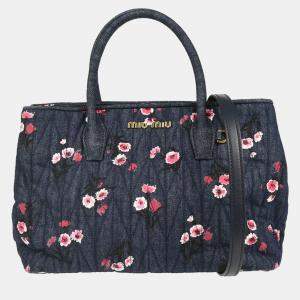 Pre Owned Miu Miu Navy Denim Matelasse 2way Tote Bag