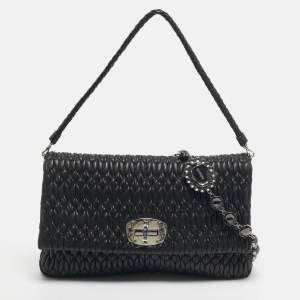Pre Owned Miu Miu Black Matelassé Leather Crystals Chain Shoulder Bag