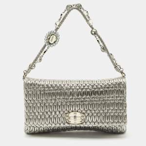 Pre Owned Miu Miu Silver Matelasse Leather Crystal Flap Shoulder Bag