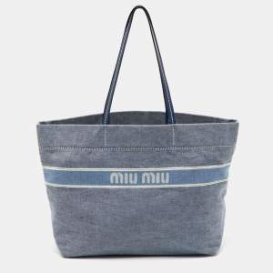 Pre Owned Miu Miu Blue Denim and Leather Logo Shopper Tote